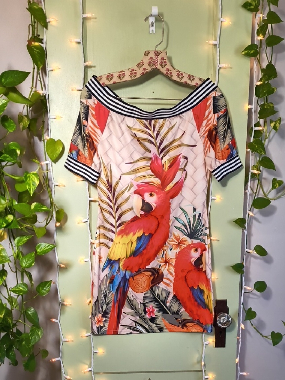 Women's Chicme Tropical Macaw Vibrant Red Yellow Blue Paradise Dress L